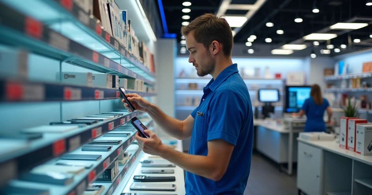 Pessoa com uniforme organizando prateleiras com celulares e acessórios