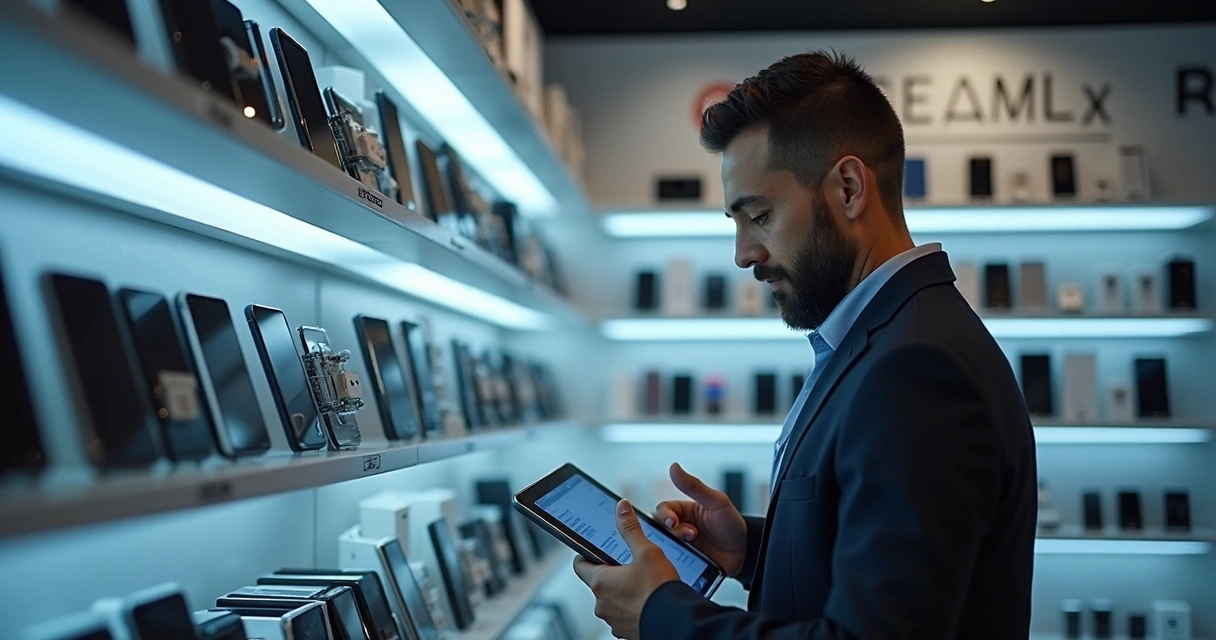 Gestor organizando estoque de celulares em prateleiras
