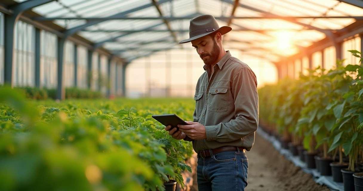 Gestor rural usando tablet em viveiro de mudas 