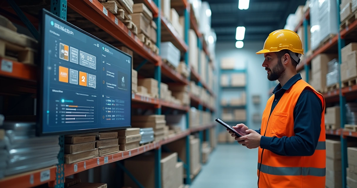 Armazém digital com materiais organizados, painel eletrônico de estoque ao fundo 