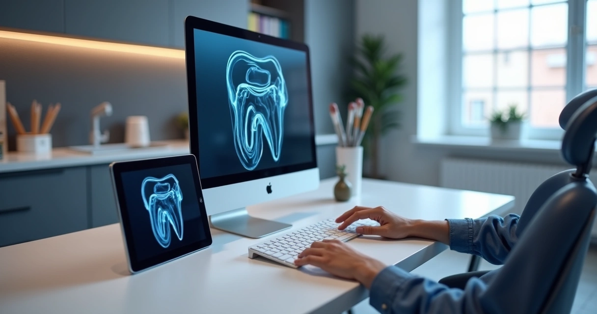 Mesa com computador, tablet e smartphone exibindo sistemas digitais para controle de estoque odontológico, com itens dentários organizados ao redor 