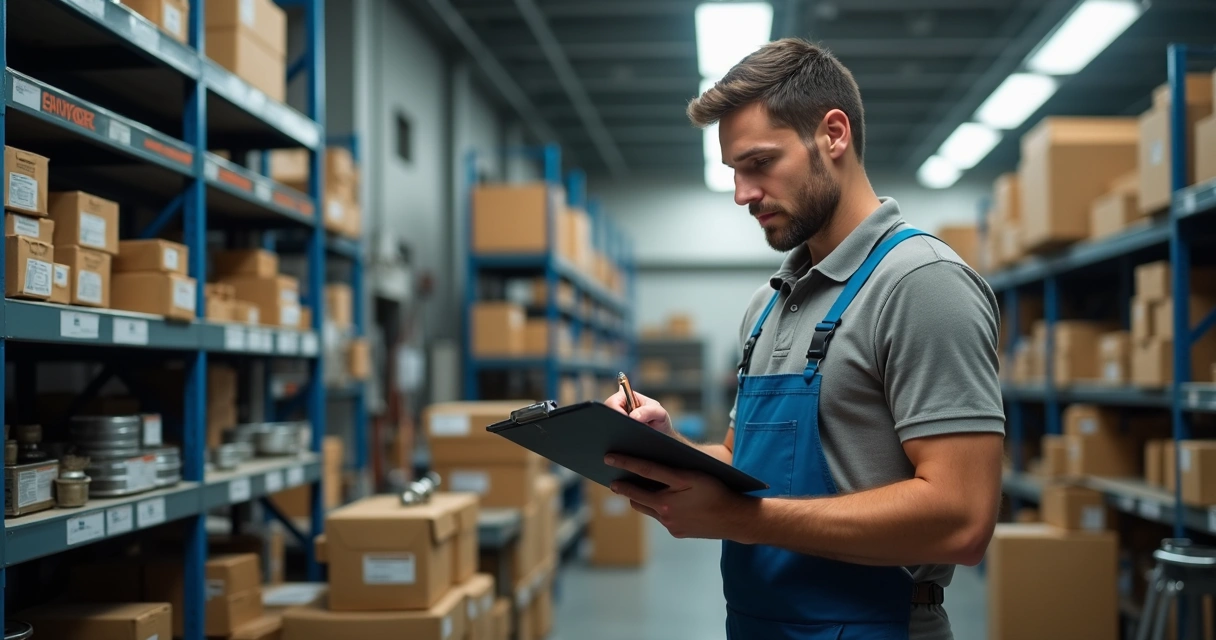Funcionário anotando controle de estoque em prateleira de oficina de automóveis 