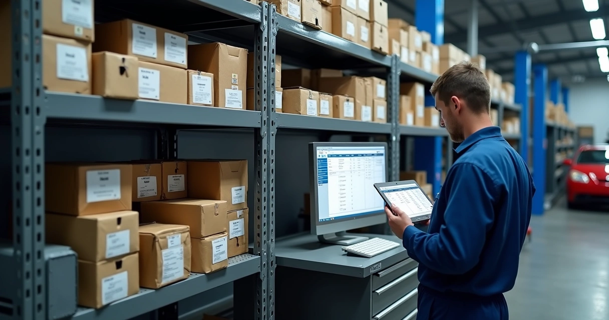 Estante de peças automotivas organizadas em oficina com computador mostrando estoque digital 