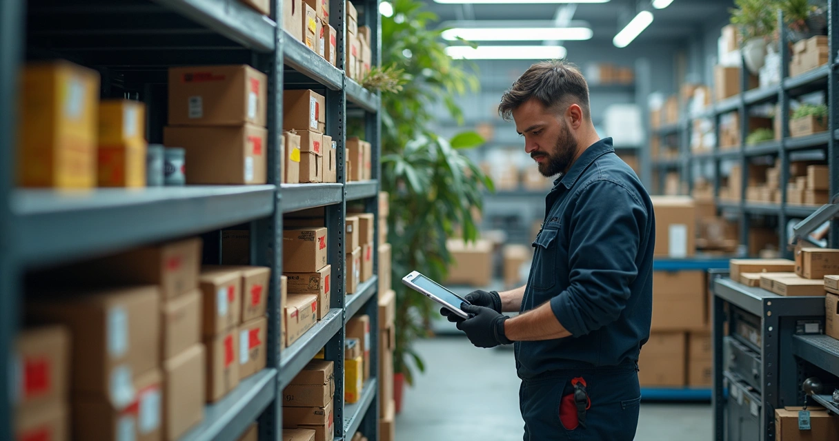 Prateleiras organizadas com peças automotivas e ferramentas em oficina mecânica moderna e limpa 