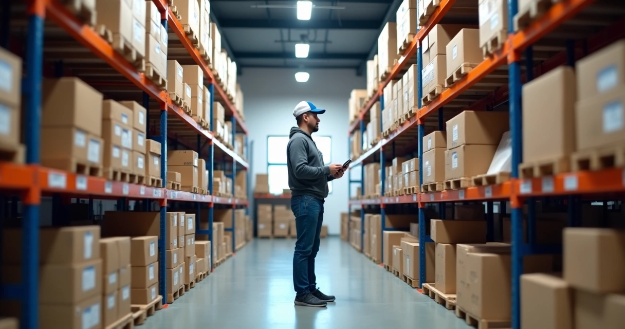 Funcionário faz inventário em armazém pequeno 