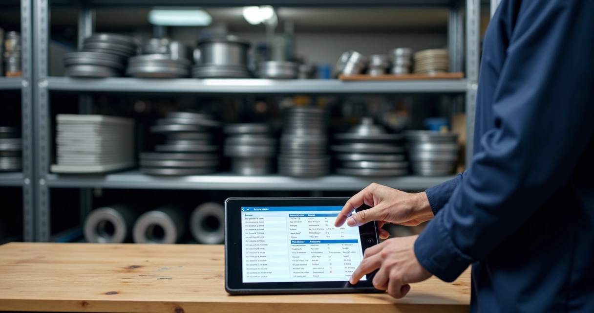 Montagem de peças de carro organizadas e um tablet com lista digital ao lado 