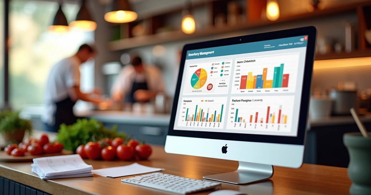 Tela de computador mostra controle de estoque e relatórios de vendas de restaurante 
