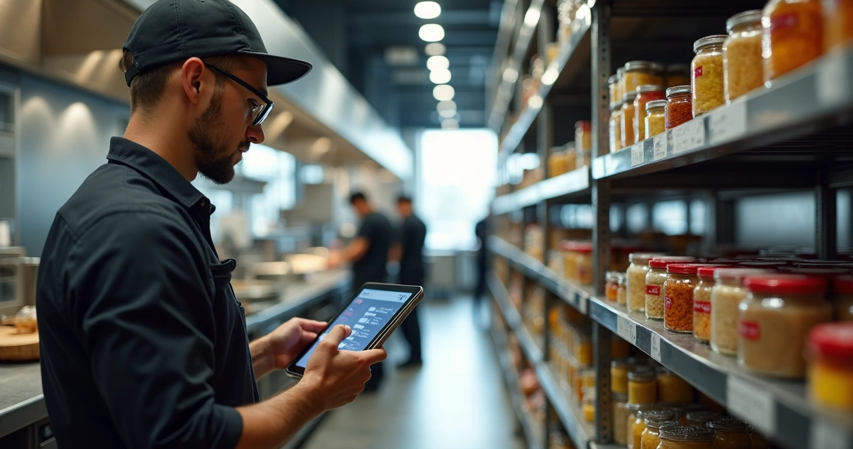 Gestor usando tablet para analisar estoque em cozinha de restaurante 