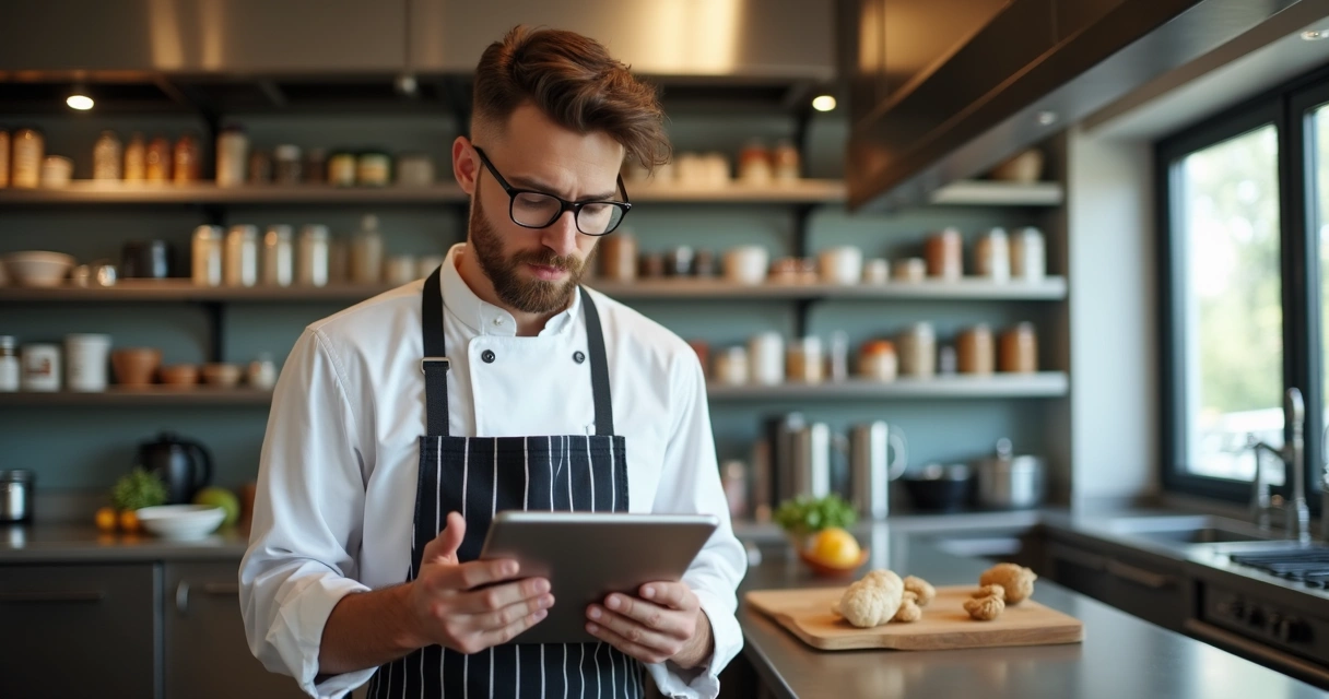 Gestor de restaurante conferindo estoque na cozinha com tablet 