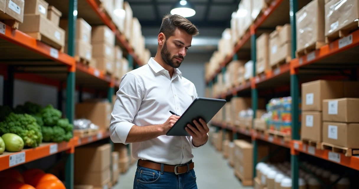 Gestor conferindo estoque de alimentos com prateleiras cheias 