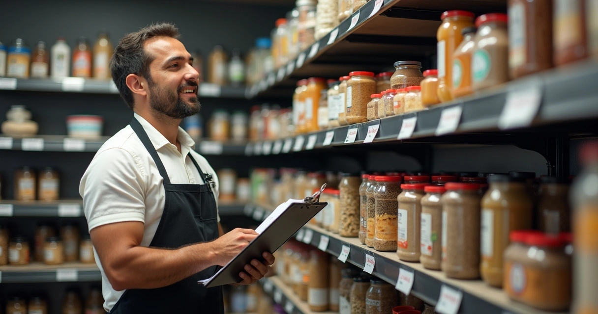 Gestor conferindo estoque de ingredientes em restaurante 