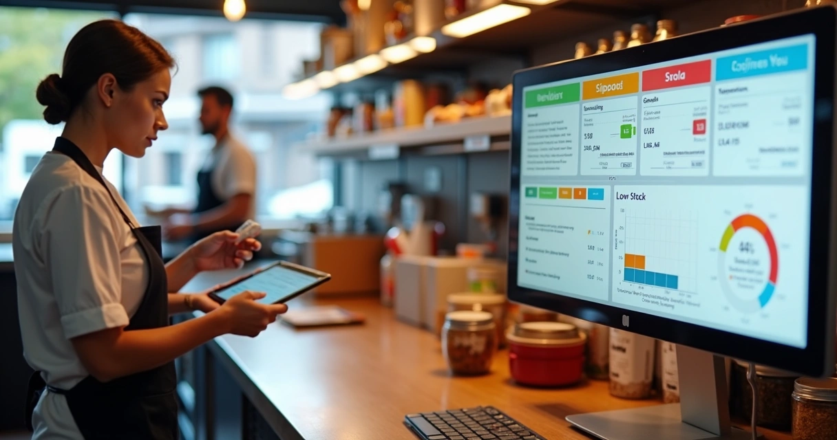 Tela de sistema de restaurante mostrando controle de estoque e alertas de reposição 