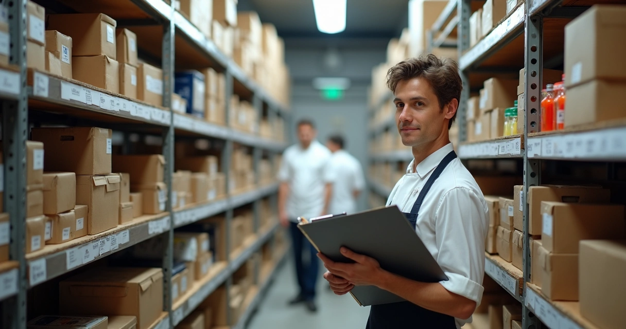 Gerente verificando prateleira de alimentos em restaurante 