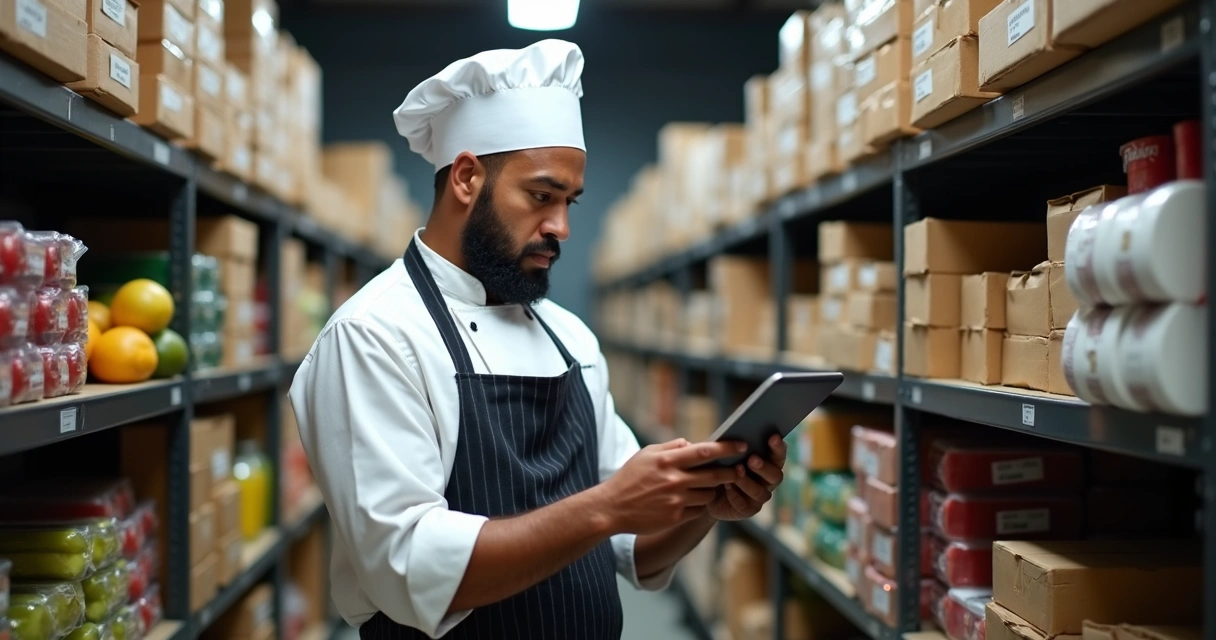 Chef conferindo estoque de alimentos em prateleiras usando tablet