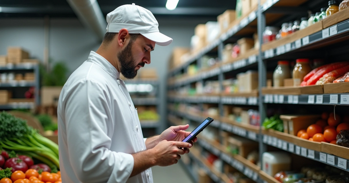 Cozinheiro em estoque de restaurante conferindo ingredientes na prateleira com tablet na mão 