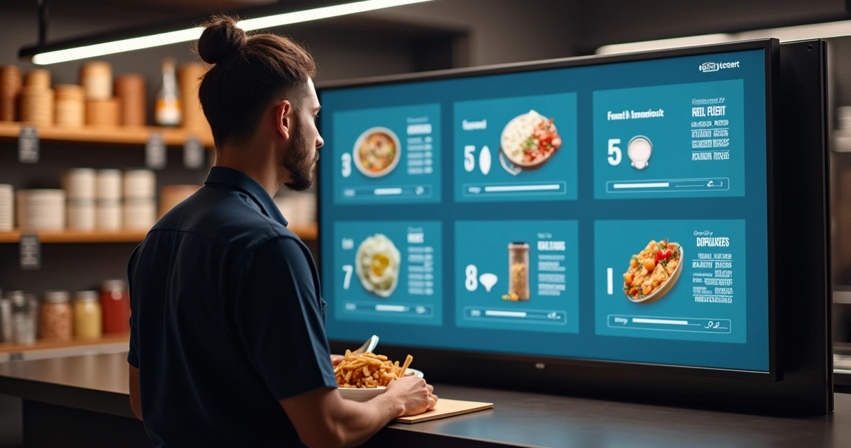 Gestor confere painel digital de controle de estoque de restaurante 