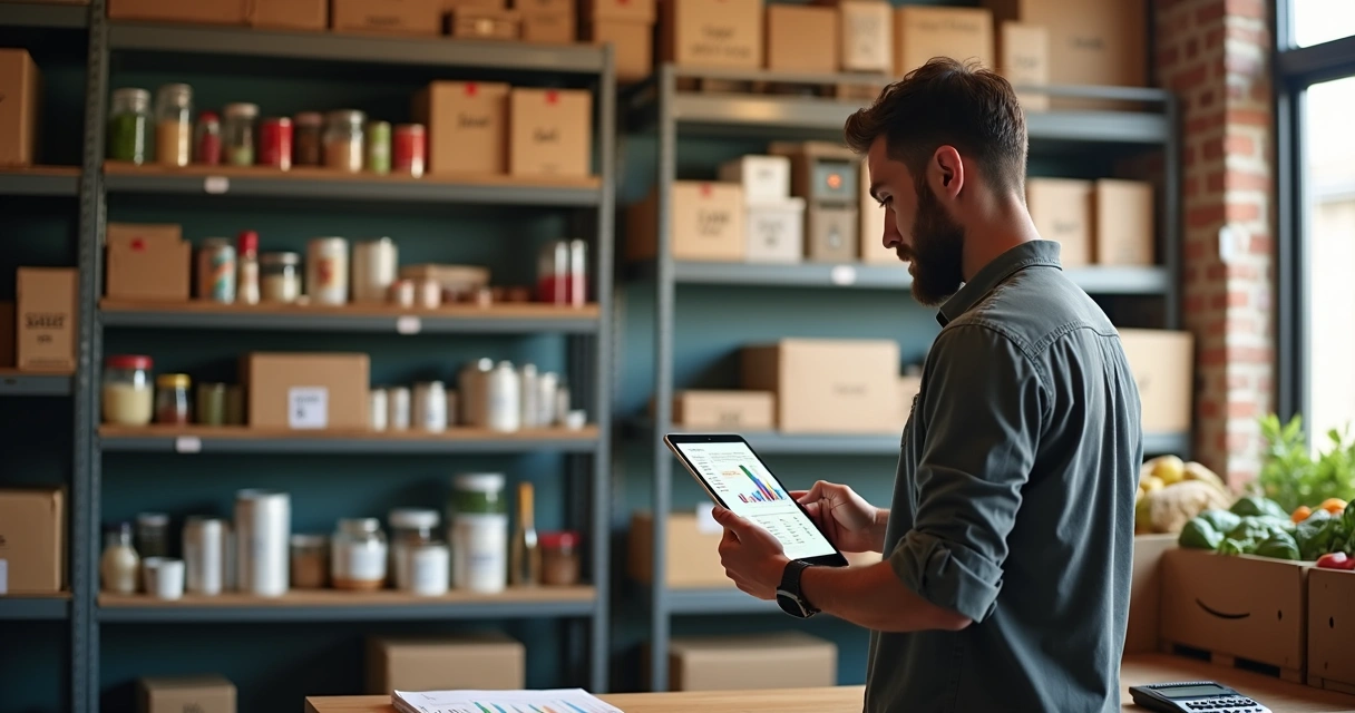 Dono de pequeno restaurante conferindo estoque com tablet em prateleiras organizadas 