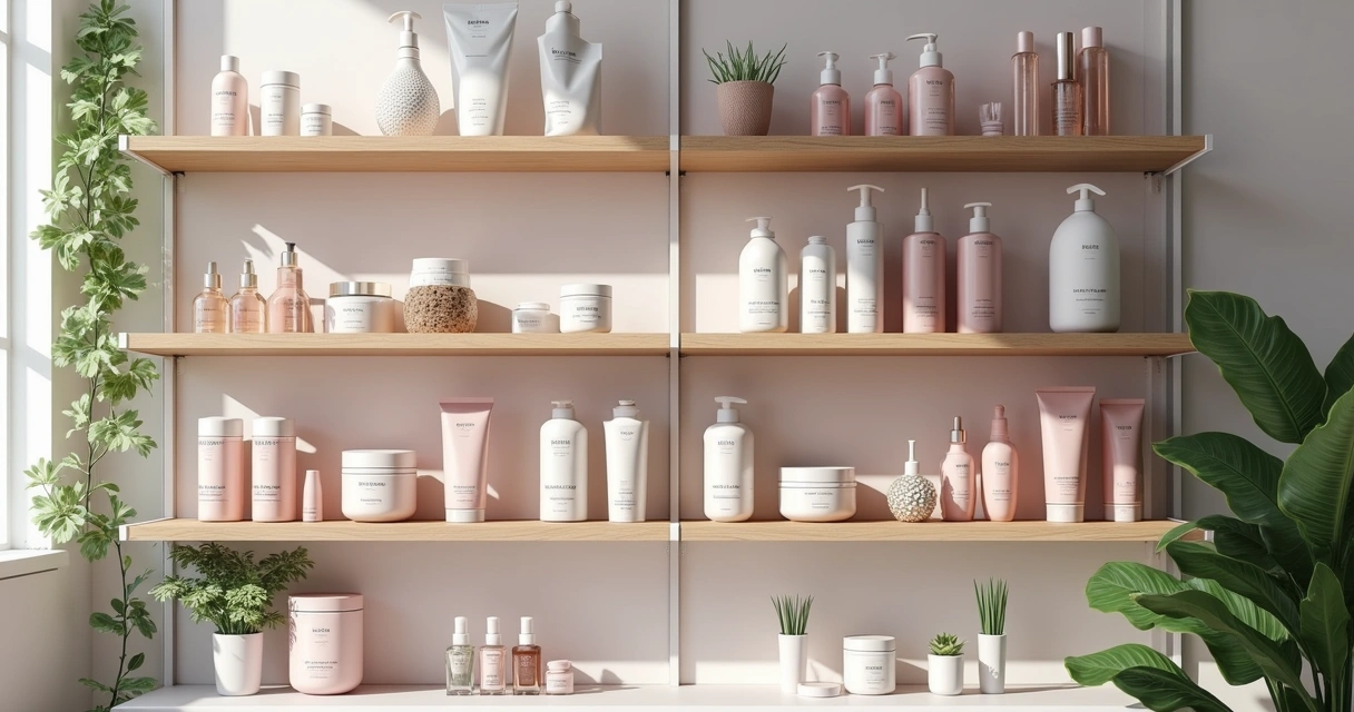 Prateleiras de salão com produtos de beleza organizados 