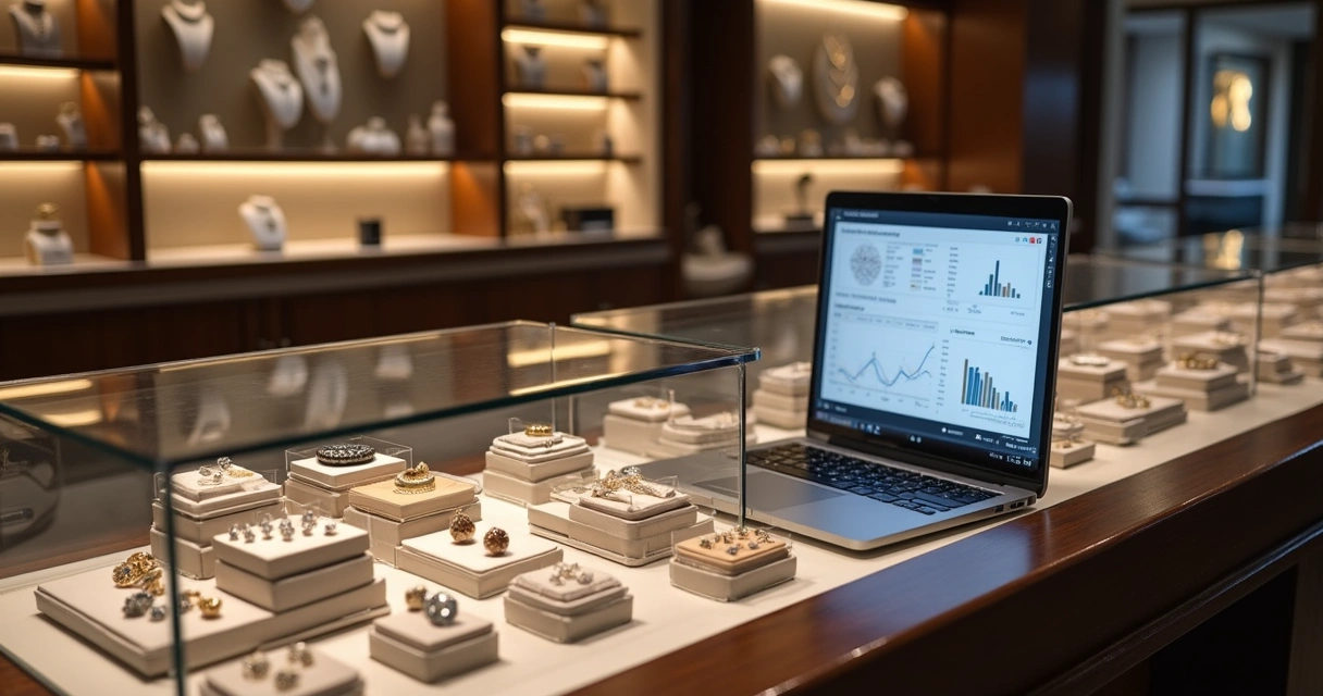 Semijoias organizadas em caixas transparentes sobre balcão de joalheria com computador exibindo software de gestão aberto 