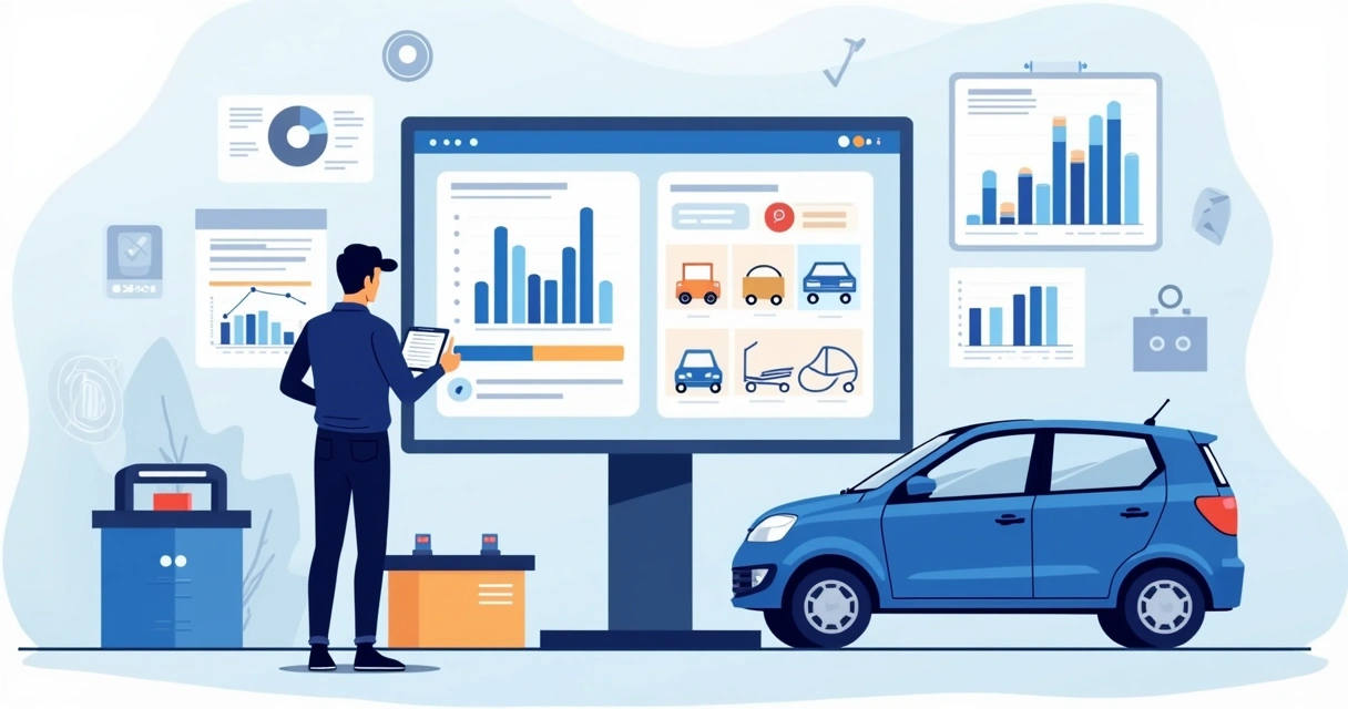 Ilustração corporativa de sistema para oficina mostrando controle moderno de estoque com interface digital e gráficos de gestão 