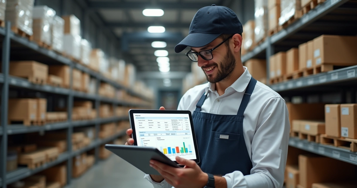 Gestor usando tablet para visualizar relatório de estoque 