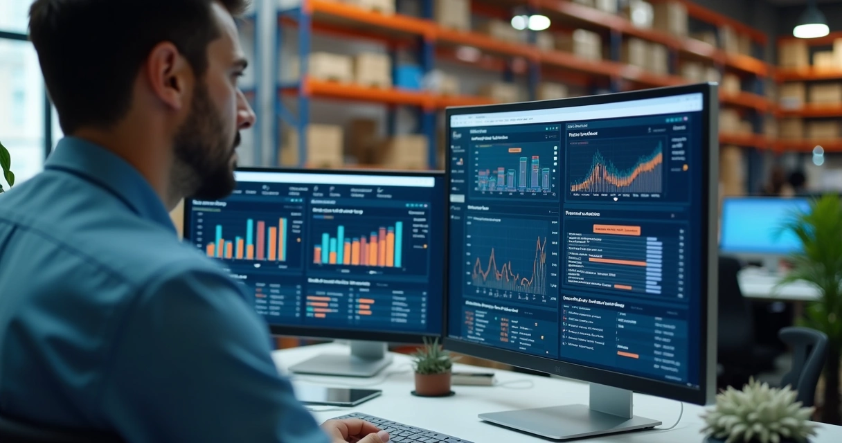 Gestor analisando painel digital de estoque 