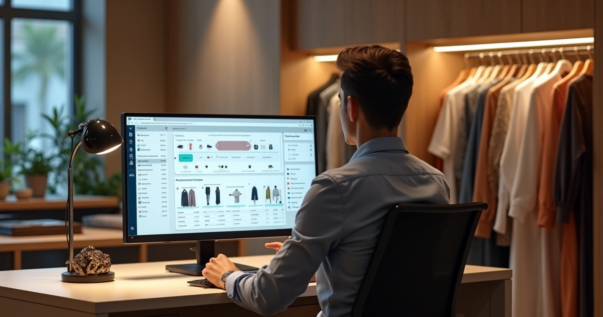 Tela de sistema ERP mostrando controle integrado de estoque e vendas para loja de roupas com variações de cores e tamanhos 