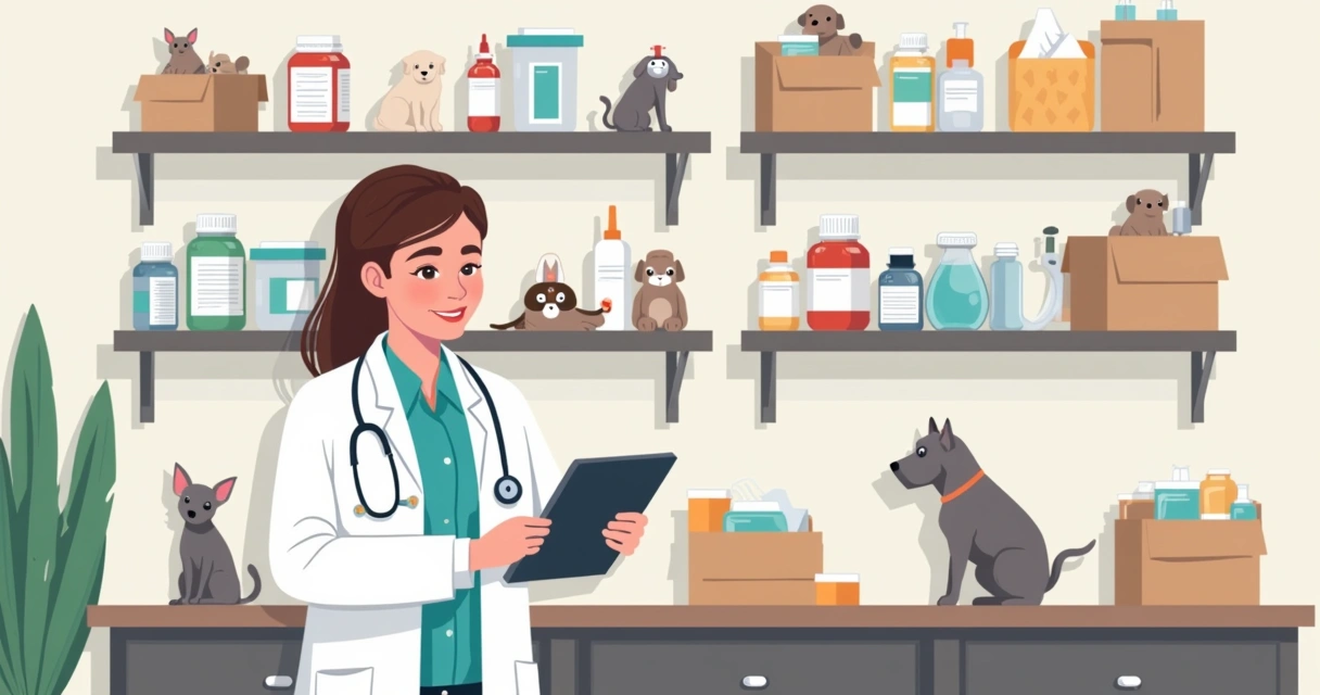 Veterinário verificando lista de estoque em consultório com prateleiras e medicamentos 