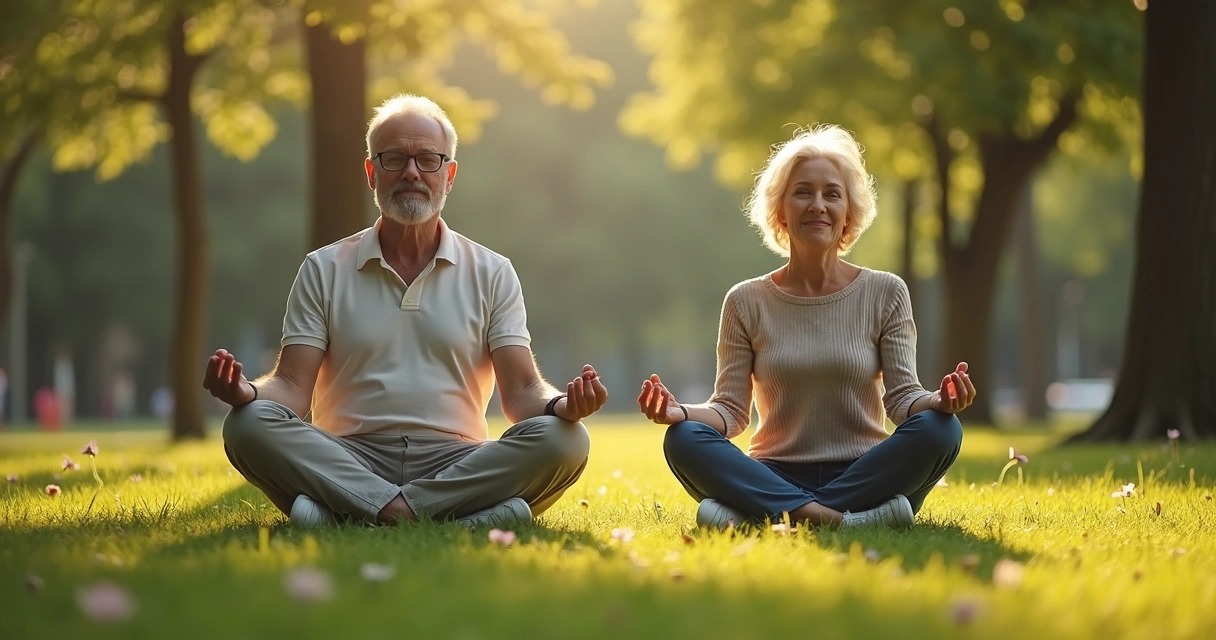 Casal maduro praticando meditação em parque 