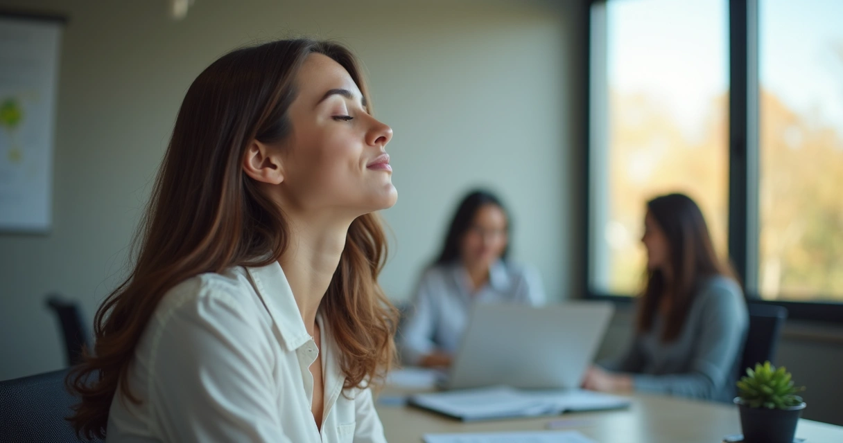 Profissional respirando fundo em mesa de trabalho, com expressão serena 