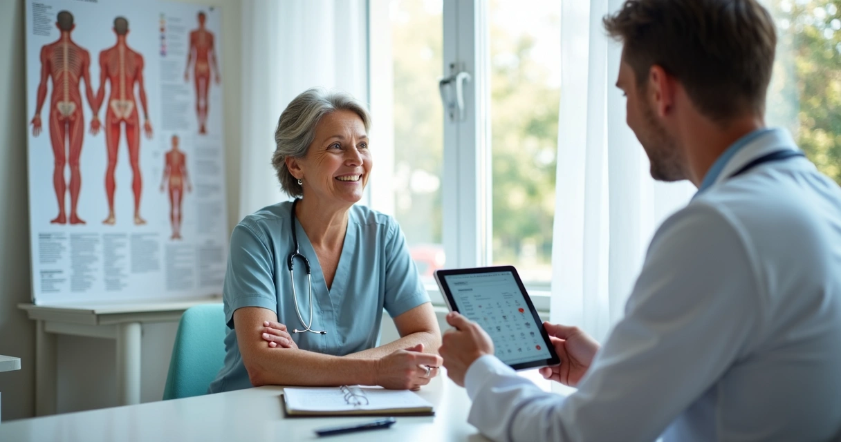 Paciente sentado em consultório recebendo orientação de médico vascular 