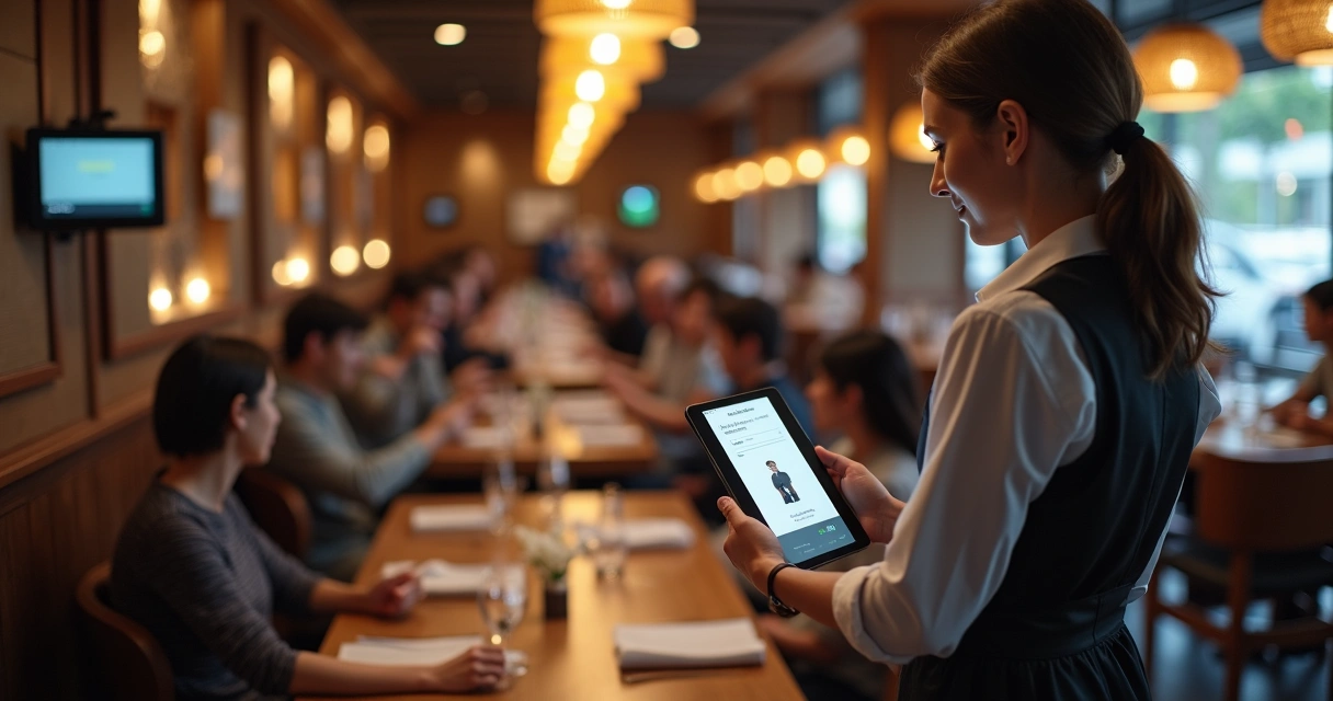 Garçom com tablet próximo a mesa usando controle facial em ambiente de restaurante 