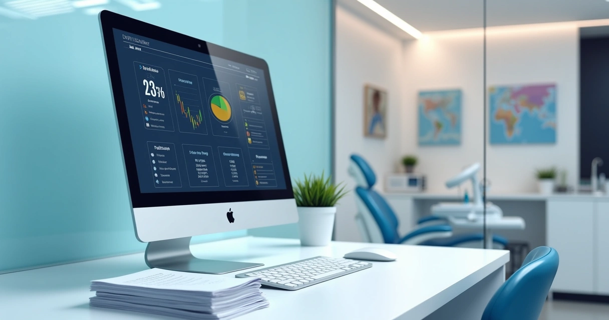 Controle financeiro de clínica odontológica em tela de computador 