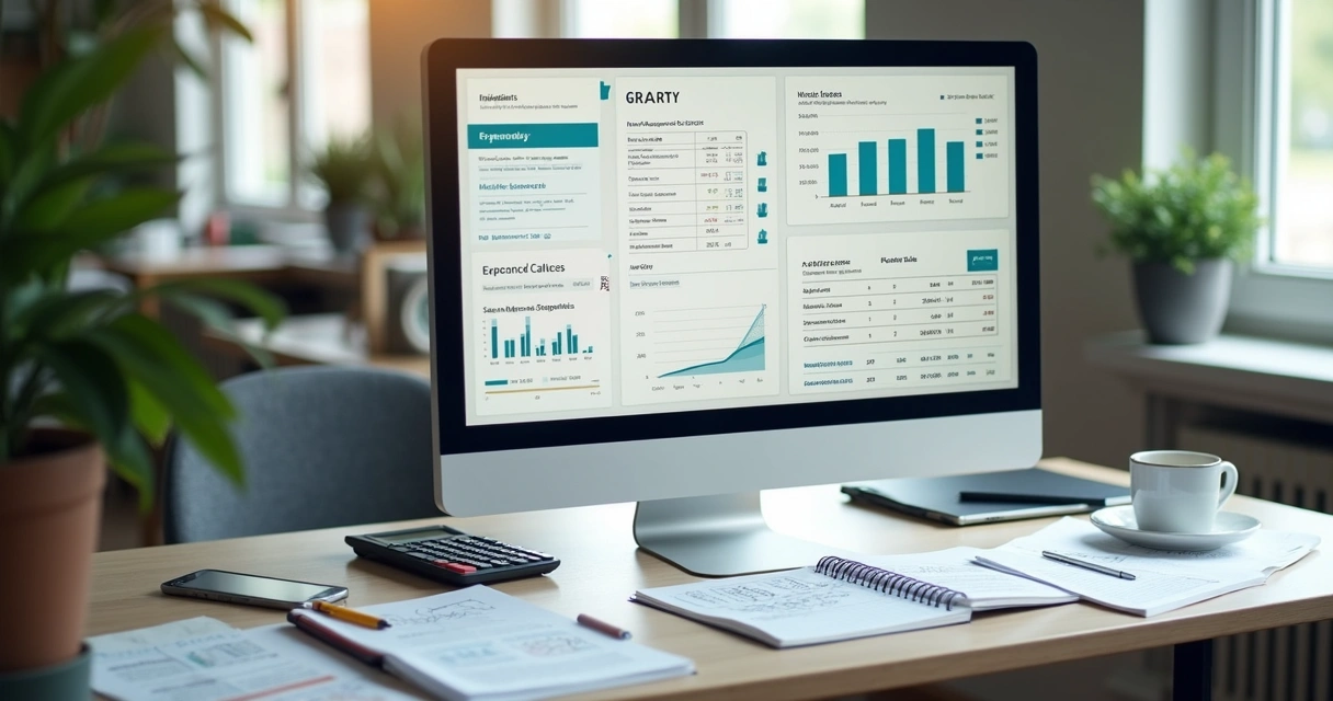 Painel com notas fiscais e fluxo financeiro 