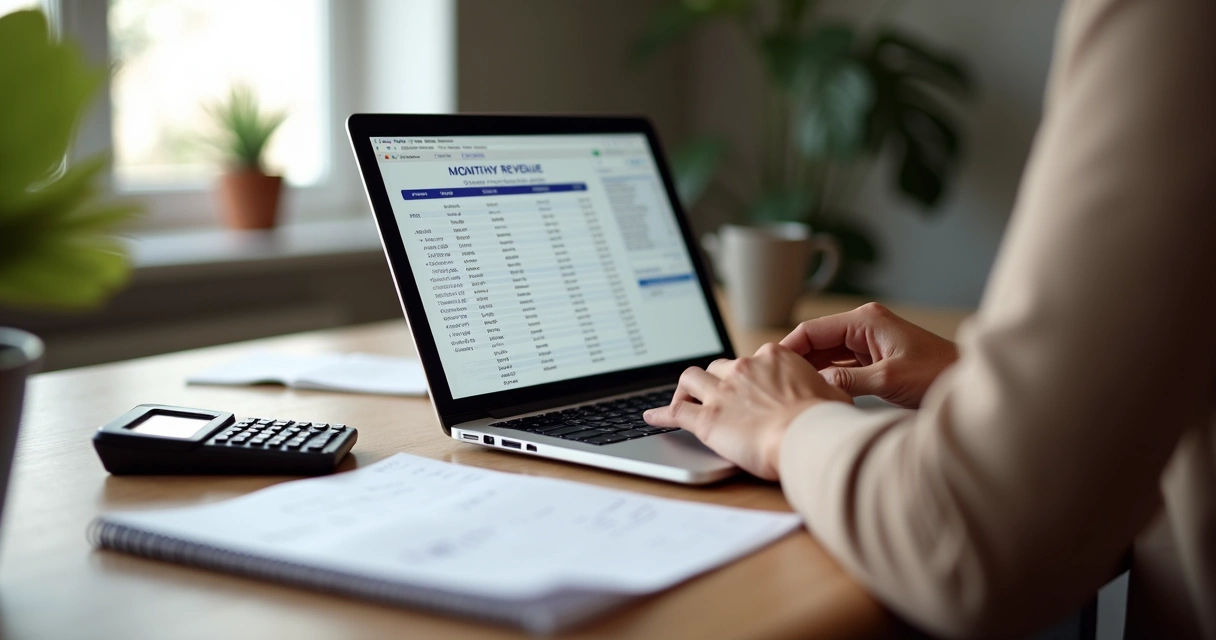 Pessoa conferindo faturamento em planilha no notebook com calculadora ao lado 