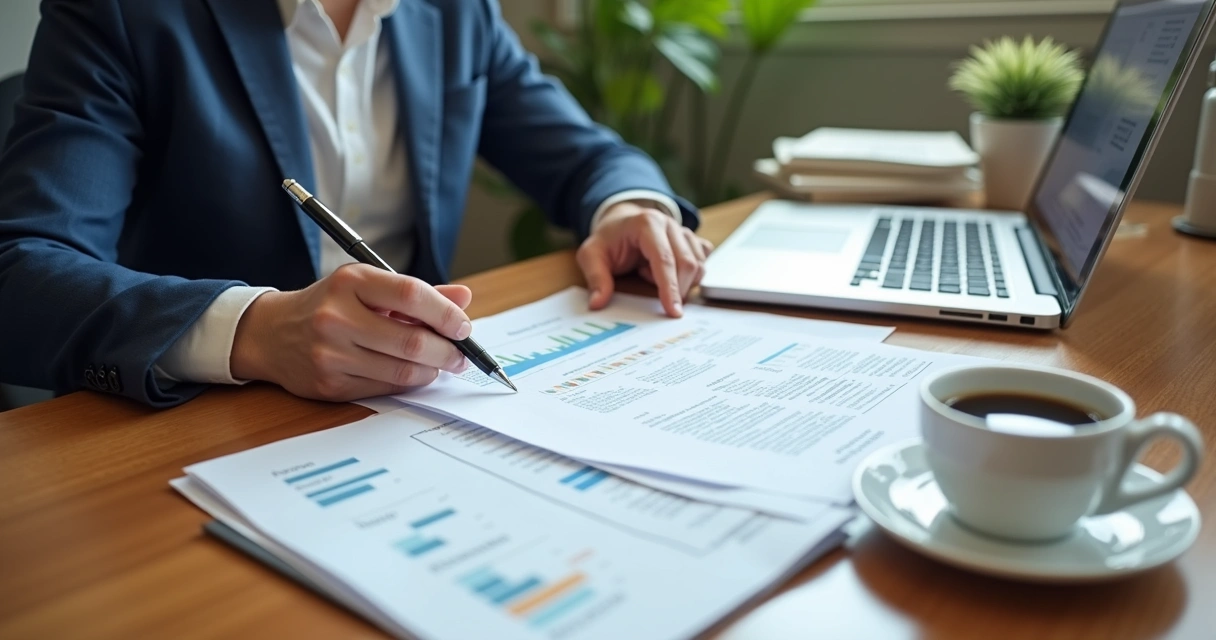 Profissional analisando relatórios de faturas em escritório organizado 