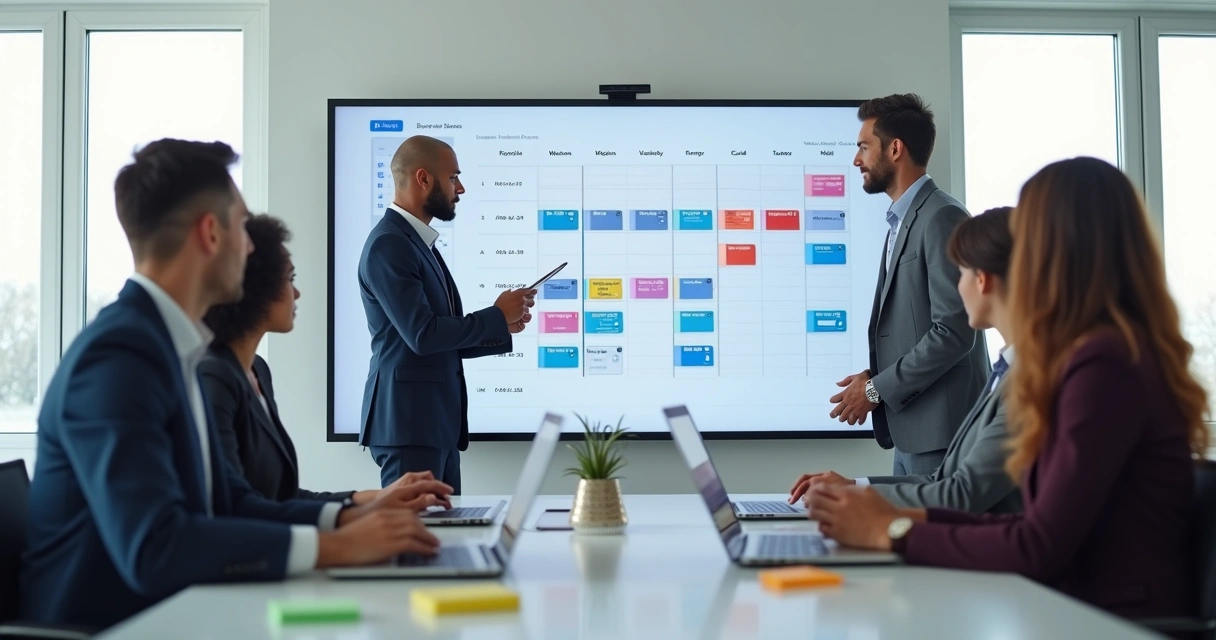 Gestor analisando quadro de controle de férias da equipe em escritório moderno 