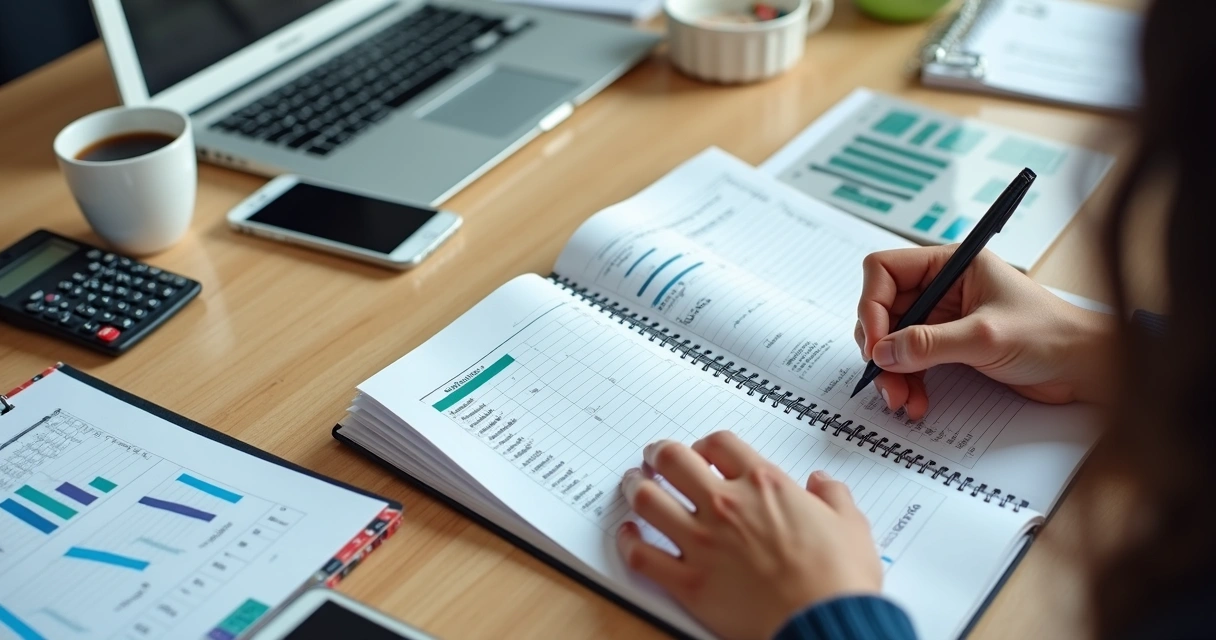 Planilha de controle financeiro aberta em notebook em ambiente de agência digital 