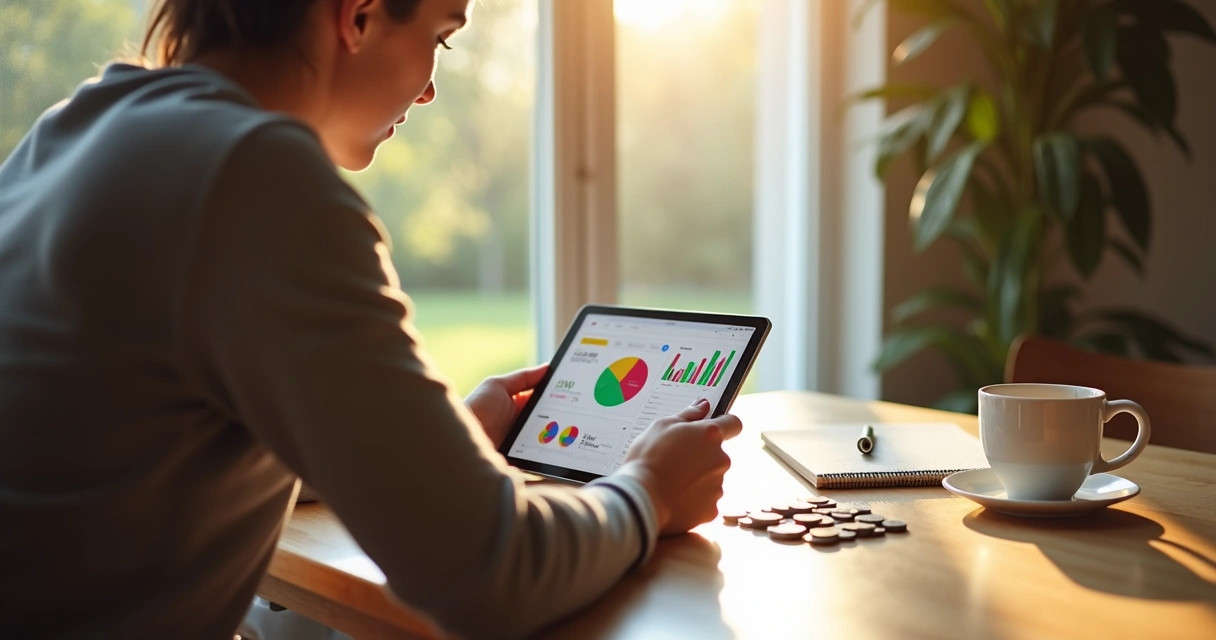 Pessoa usando aplicativo de finanças com gráficos coloridos na tela de tablet