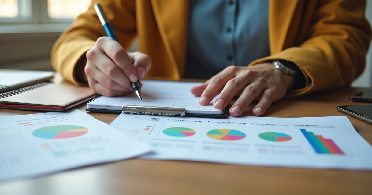 Tela de celular exibindo gráficos de despesas automáticas, mãos mexendo em notebook e agenda aberta 