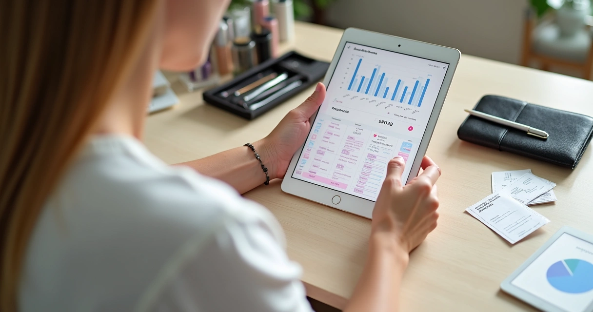 Profissional de beleza organizando despesas no tablet ao lado de materiais do salão 