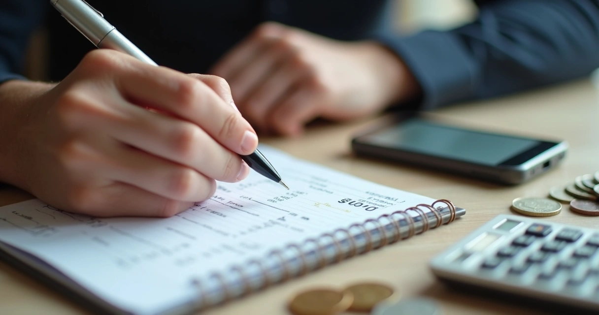 Mãos anotando controle de despesas em bloco de notas. 