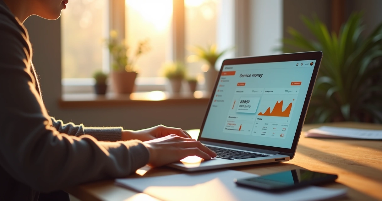 Pessoa controlando finanças digitais e enviando dinheiro no notebook 