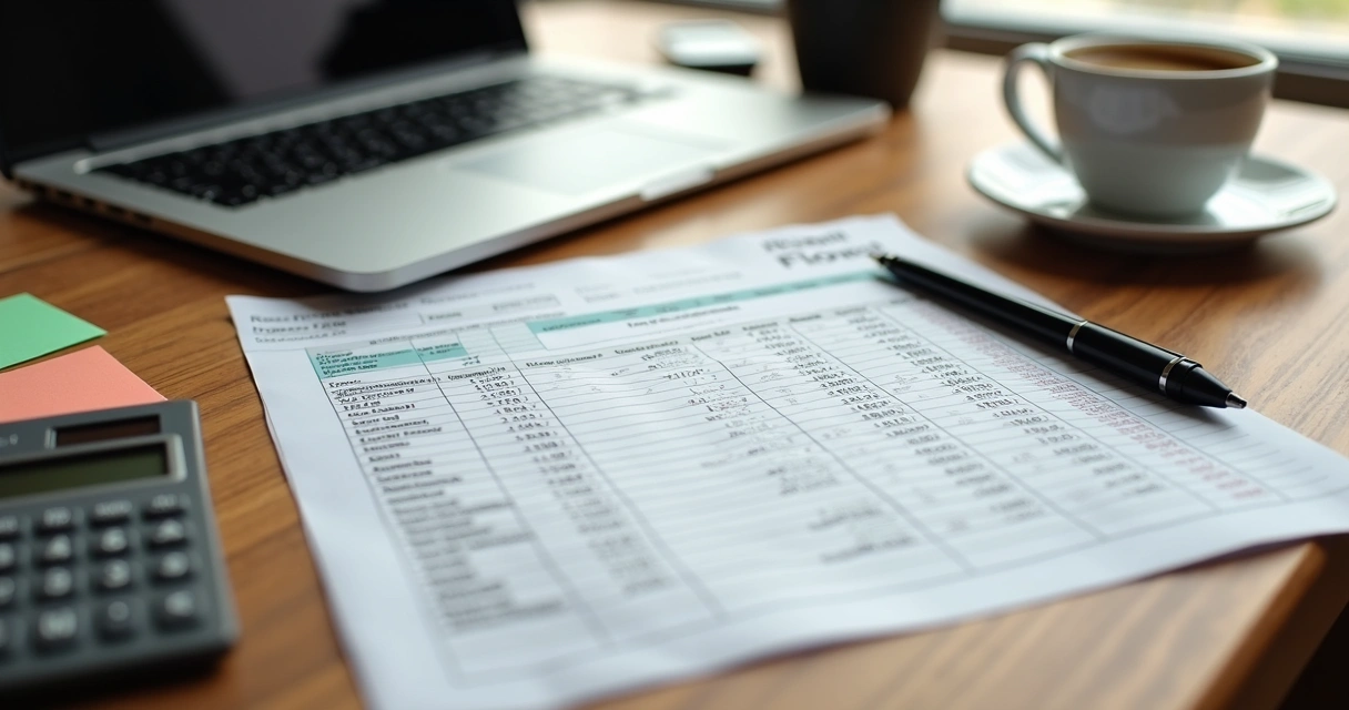 Planilha de fluxo de caixa com caneta ao lado em mesa de madeira 