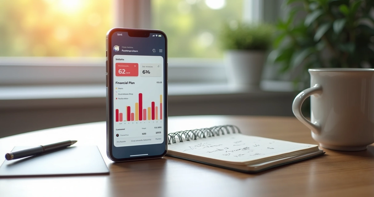 Celular mostrando aplicativo de controle financeiro com gráfico de despesas. 