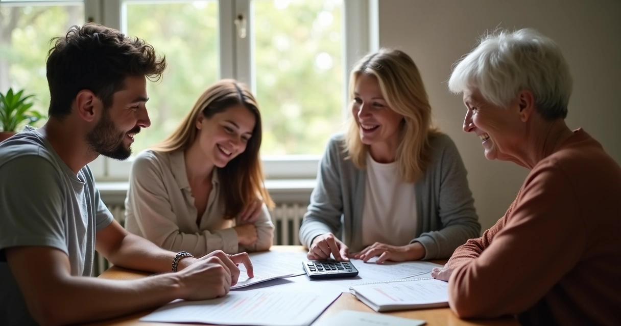 Pessoa reunida com familiares organizando planilhas de dívidas e finanças