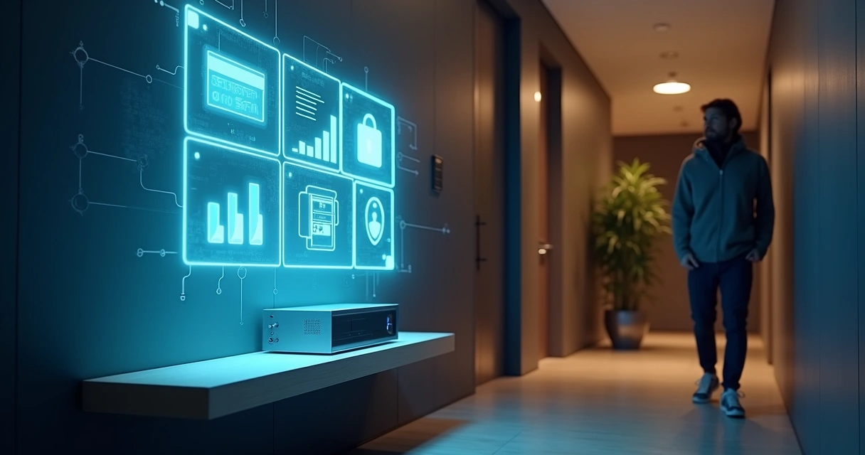Hall com painel digital mostrando ícones de gastos e cadeado de dados privados 