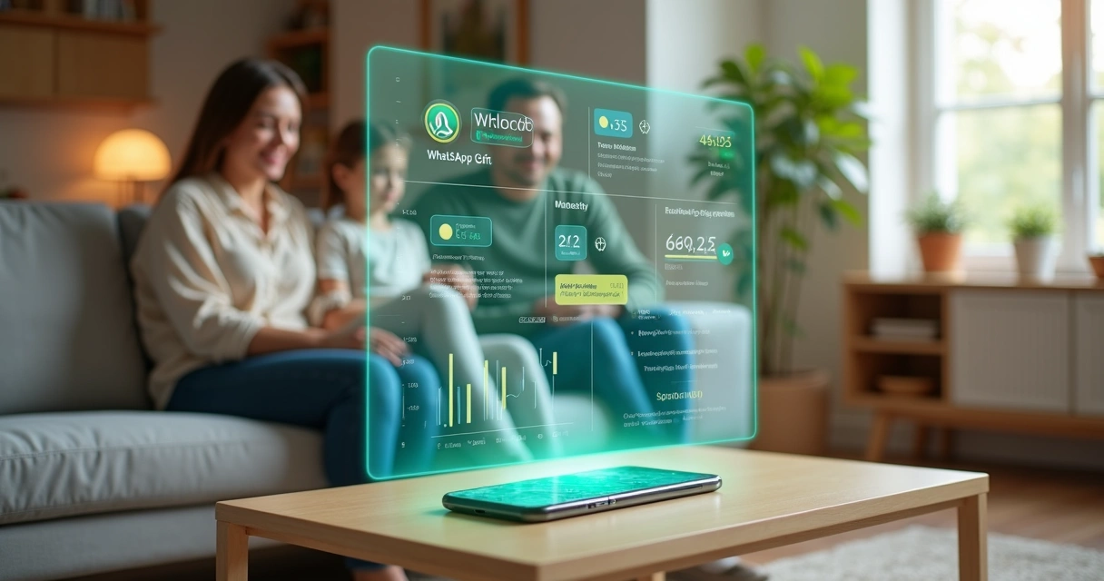 Família sentada em sofá acompanhando finanças em tela holográfica ligada ao WhatsApp 