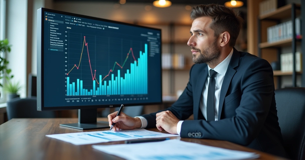Advogado analisando gráficos financeiros e informes no escritório. 
