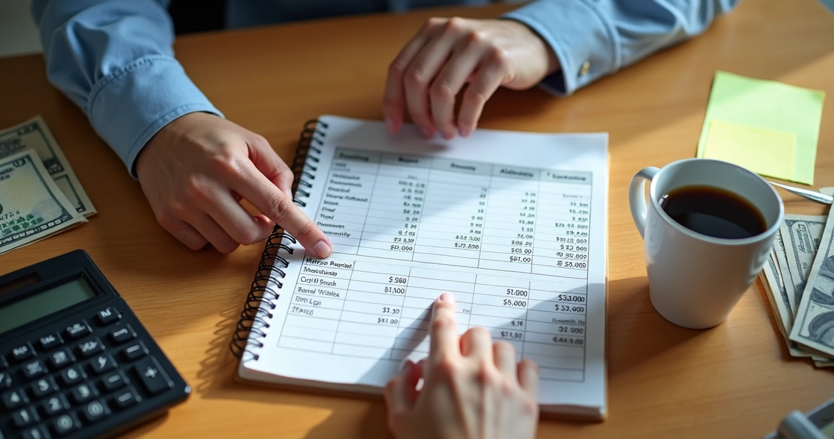 Planilha de controle financeiro sendo analisada por mãos em notebook e papeis na mesa 